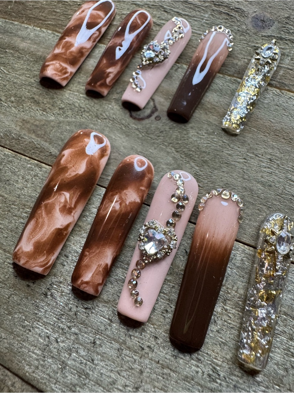 Brown Marble Rhinestone Reusable Press-On Nails Size Medium Long Square